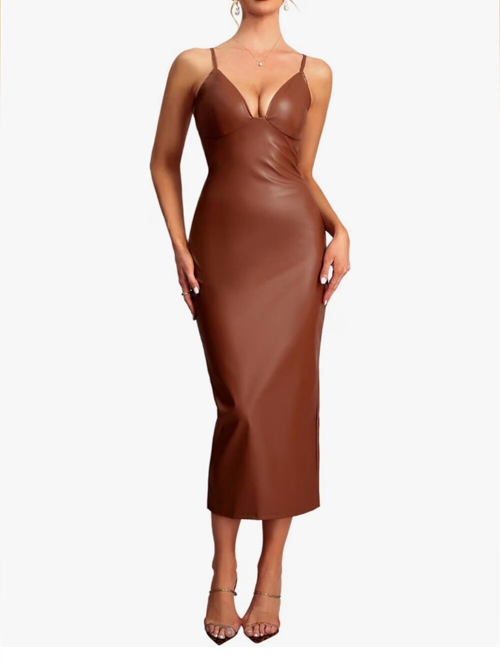 Sleek Brown Faux-Leather Slip Dress